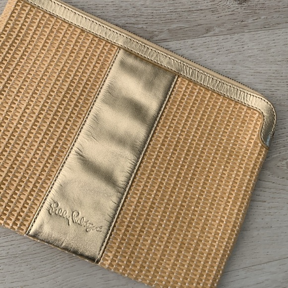 Lilly Pulitzer Southside Gold and Tan Clutch straw woven shimmer summer - Picture 6 of 12